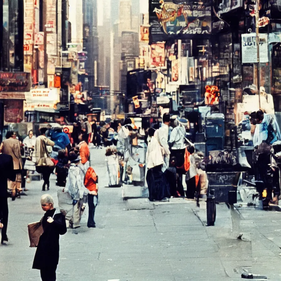 Image similar to portrait in the streets of new york, 1 9 6 0 s, colour film street photography, photo taken with ektachrome, featured on flickr, film grain