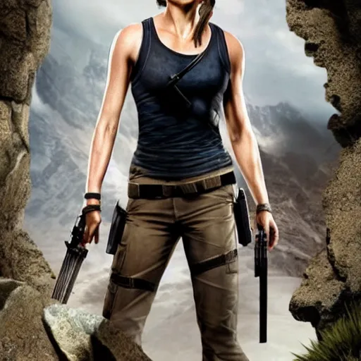 Image similar to jodie foster as lara croft, 8 k, realistic, high detail, hd face