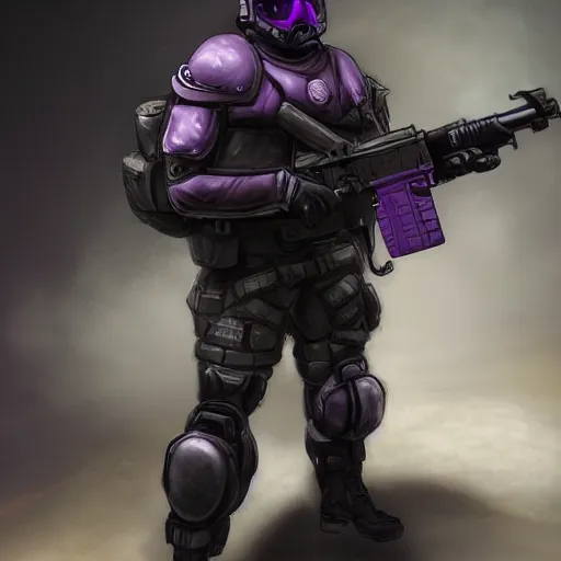 Prompt: « soldier, full helmet, purple and black clothes, tall young male, dominant, heavy gun, realistic, 8 k »