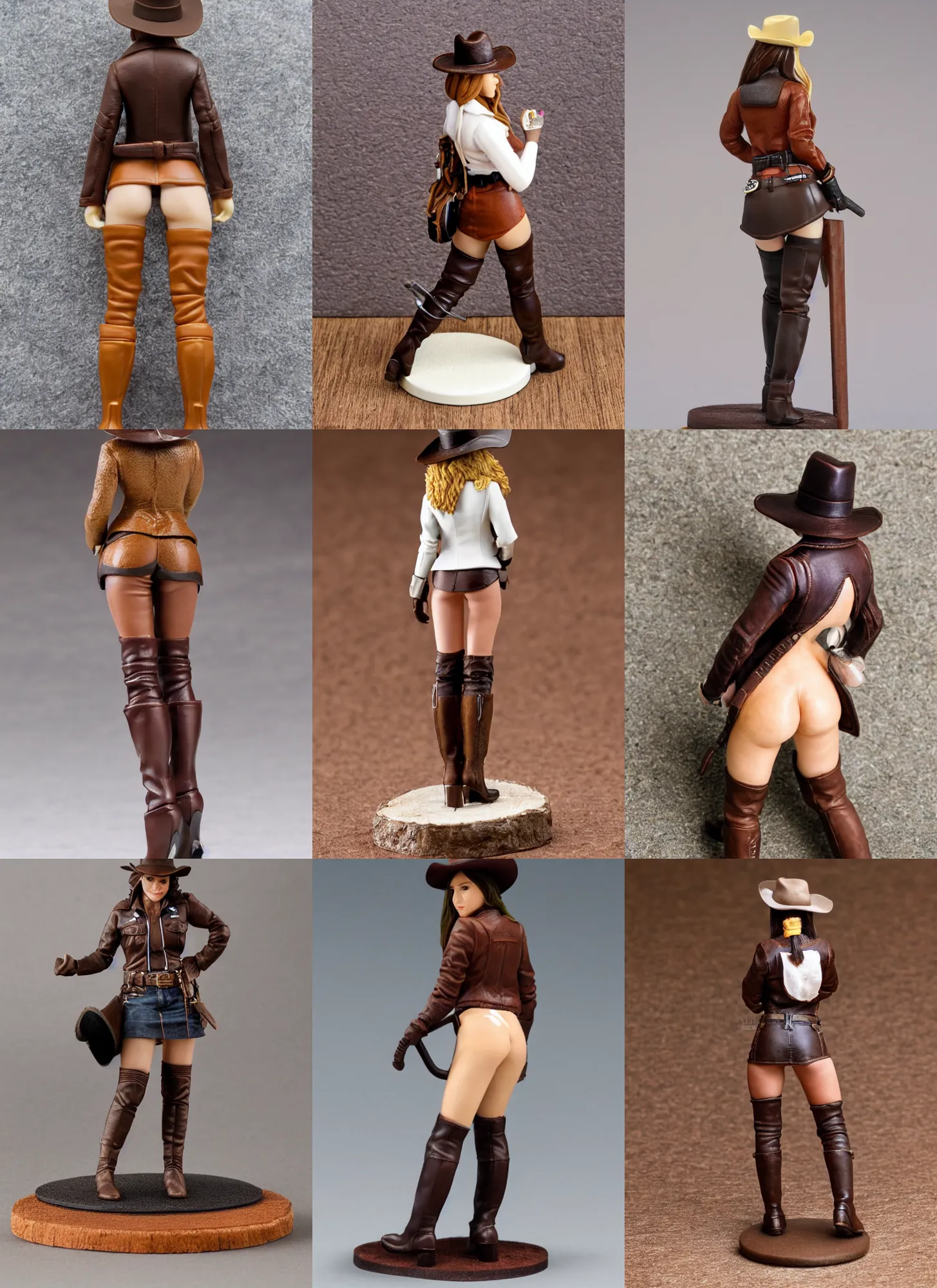 Prompt: 80mm resin detailed miniature of a cow girl, Short brown leather jacket, ten-gallon hat, over-knee boots, navel, thigh skin, on textured disc base; Miniature product Photos, 4K, Full body; View from behind