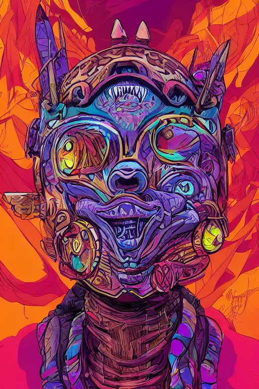 Image similar to totem animal tribal chaman vodoo mask feather gemstone plant video game illustration vivid color borderlands by josan gonzales and dan mumford radiating a glowing aura