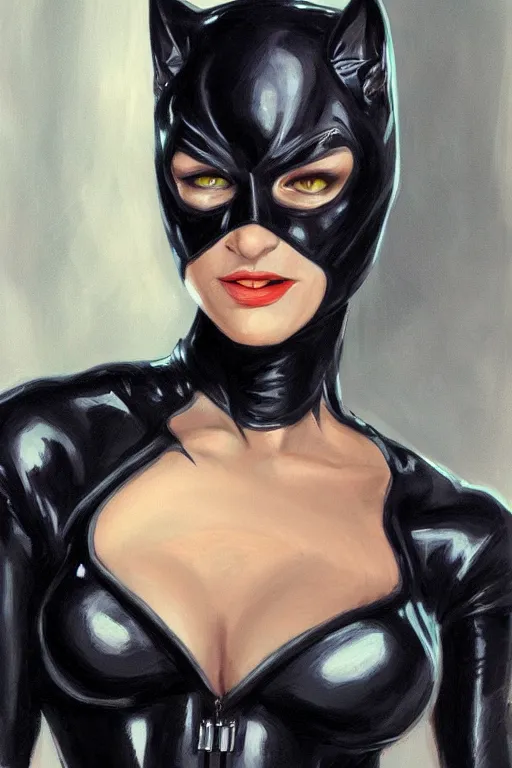 Prompt: portrait of Catwoman by Julia Razumova, trending on artstation
