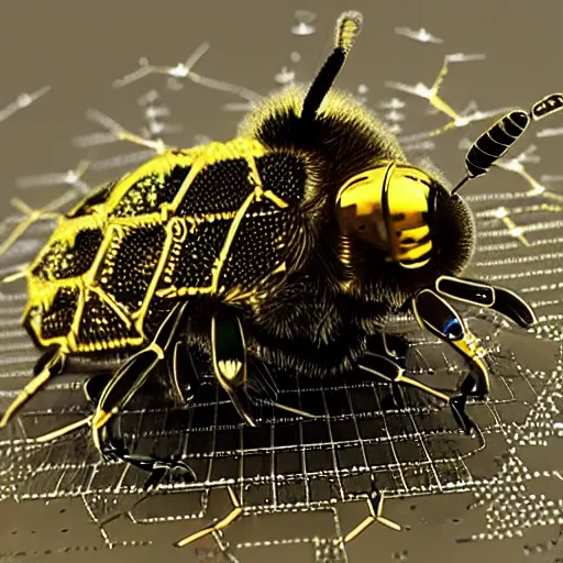 Prompt: cybernetic bees made of metal, mechanical, glowing
