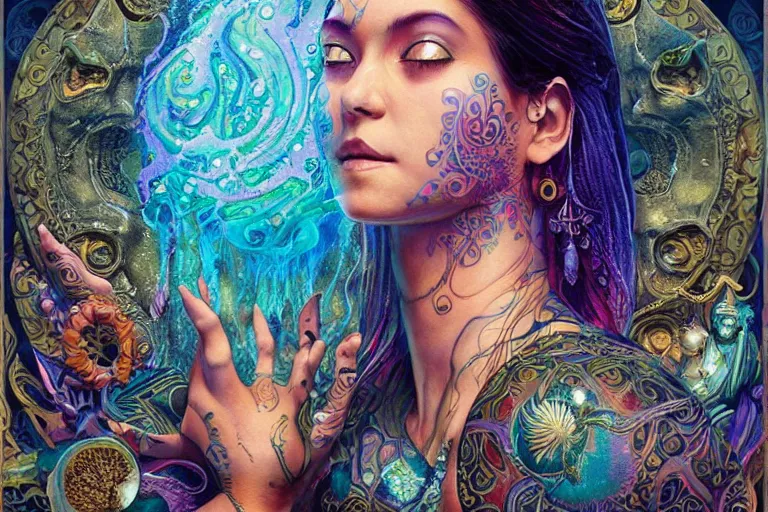 Image similar to a centered full body render of alluring festival hippies with tribal tattoos surrounded by a underwater ink pour and flowing liquid galium and sacred geometry, perfect face, powerful, cinematic, beautifully lit, by artgerm, by karol bak, by donato giancola, 3 d, trending on artstation, octane render, 8 k