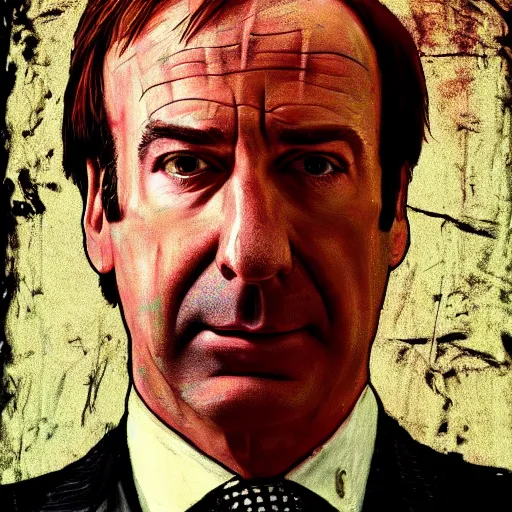 Image similar to a low resolution messy colorized mugshot of saul goodman, grainy, messy, grunged up, low resolution, low quality, realistic, hyperrealistic, 8 k resolution, hd quality, detailed, very detailed, highly detailed, intricate details, trending on artstation, colored, colorized