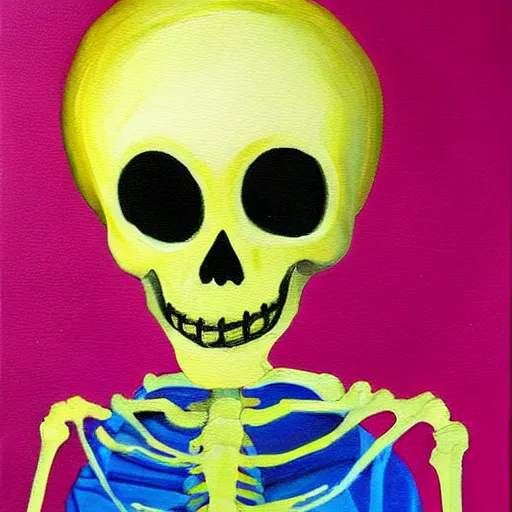 Image similar to smiling skeleton with puffy blue jacket, painting