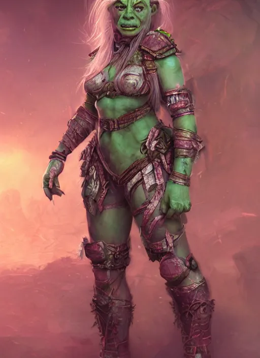 Prompt: detailed full body concept art illustration colorful pastel painting of a female orc warrior in full intricate clothing, ultra detailed, digital art, octane render, 4K, dystopian, micro details
