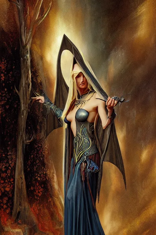 Image similar to a gorgeous female elven priest in a revealing dress, grimdark fantasy detailed digital matte painting by Gerald Brom