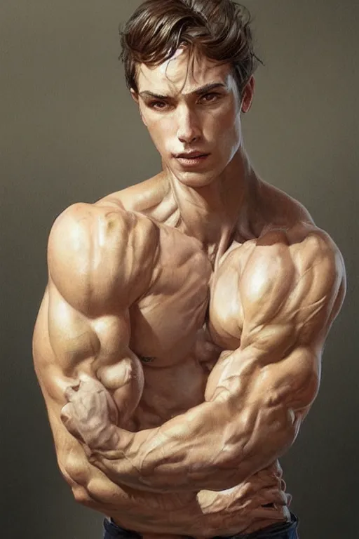 Image similar to Young man, no beard, muscular upper body, D&D, fantasy, realistic physic, accurate hyper-realistic body, elegant, highly detailed, digital painting, artstation, concept art, smooth, sharp focus, illustration, art by artgerm and greg rutkowski and alphonse mucha