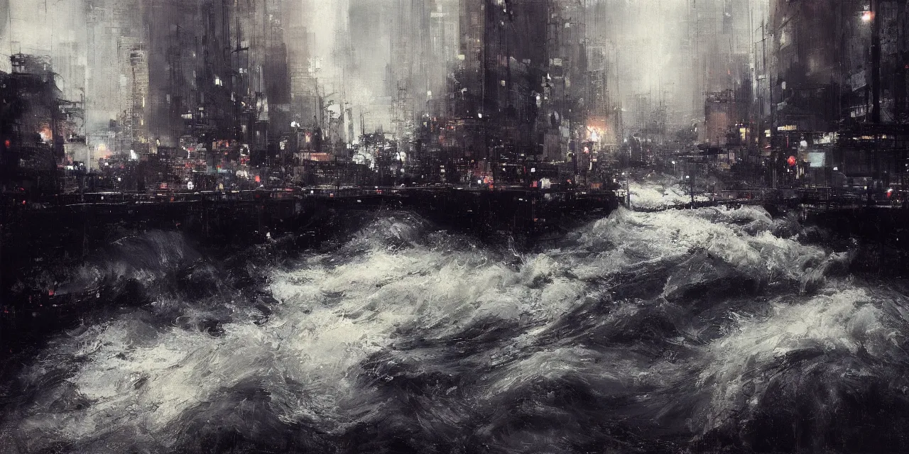 Image similar to street level view of turbulent river rapids rushing through a city at night , by Jeremy Mann