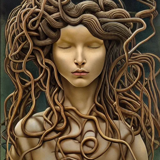 Image similar to very sad medusa, crying, tubular creature, blood vesels, no face, dystopian surrealism, art style botticelli alex ries giger zdzisław beksinski, symmetry accurate features, snake hair, stone marble, very intricate details, high resolution, high quality