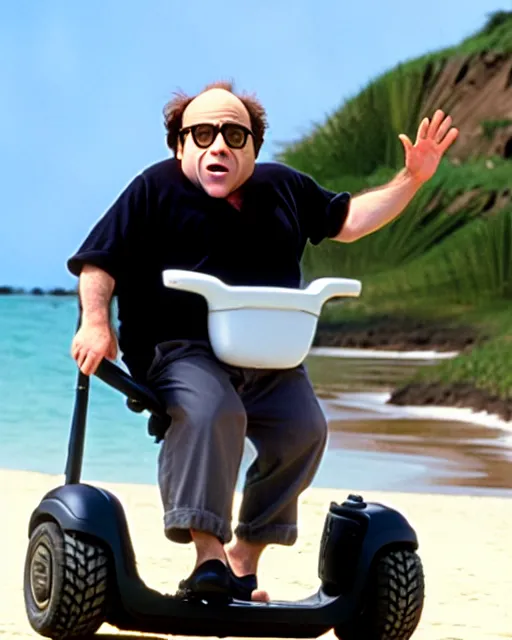 Prompt: Danny Devito as Gob in Arrested Development, riding on a Segway on the beach