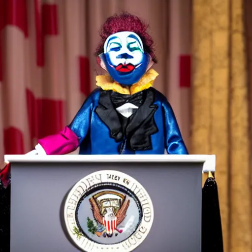 Image similar to mad puppeteer using marionette of a president with clown makeup in a podium