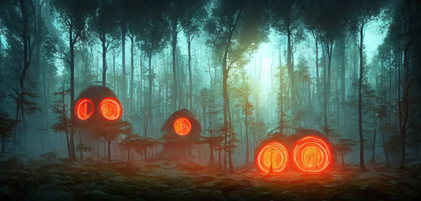 Image similar to random scary forest house landscape, round glowing multicoloured neon portal, central symmetrical composition, incredible, vector art, octane render, fabulous, hyper detailed, random cinematic view, no noise, global illumination, warm lighting, volumetric, godrays, vivid, beautiful, by jordan grimmer