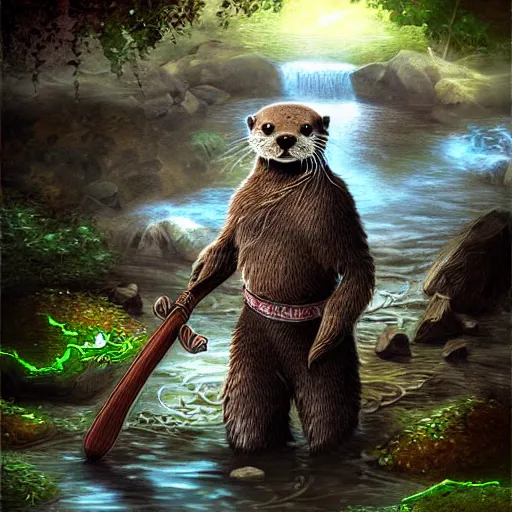 Image similar to furry otter warrior, fantasy art, lightweight armour, near the river, waterfall, digital art, high quality