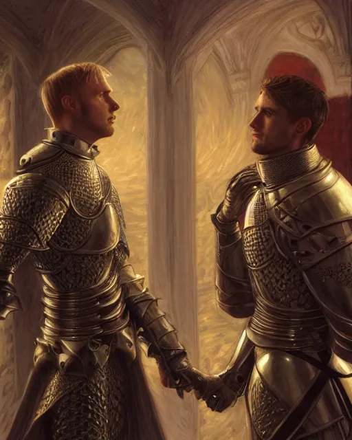 Image similar to attractive arthur pendragon confesses his love for his attractive male knight, highly detailed, very intricate, cinematic lighting, by donato giancola and rossdraws and magali villenueve, featured on artstation