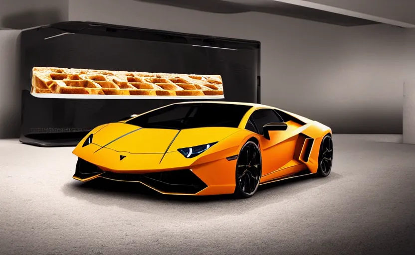Prompt: a lamborghini brand concept toaster appliance, toasted bread or waffles in toaster slots, aggressive angular design, bold lamborghini style with air scoops, heated coils, professional product shot