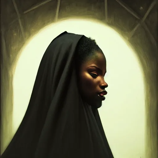 Image similar to a portrait of a young black woman wearing a long dark cloak, hood and shadows covering face, anatomically correct, beautiful perfect face, enigmatic, oil painting, matte painting, black background, Volumetric dynamic lighting, Highly Detailed, Cinematic Lighting, Unreal Engine, 8k, HD, by Beksinski