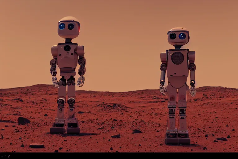 Image similar to a relaxed robot standing on mars looking at a mars base, blender render, 8 k, red lighting, misty, smog,