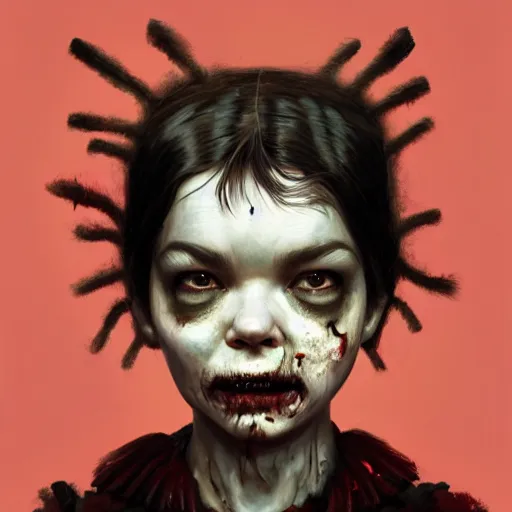 Image similar to head portrait of fresh faced young bjork as a zombie, 7 days to die zombie, gritty background, fine art, award winning, intricate, elegant, sharp focus, cinematic lighting, digital painting, 8 k concept art, art by michael hussar, art by brom, art by guweiz and z. w. gu, 8 k