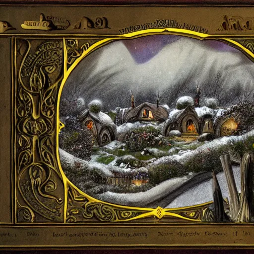 Image similar to detailed illustration of hobbiton in winter, from the lord of the rings