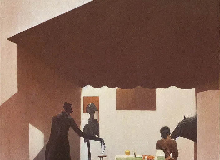 Image similar to painting about a man dining with a horse, science fiction, Edward Hopper and James Gilleard, Zdzislaw Beksinski, highly detailed