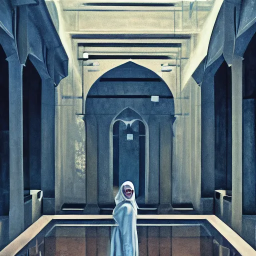 Image similar to beautiful woman, courtyard, capital, mosque interior, reflections, control panel, watcher, omniscient, tech noir, few neon signs, matte painting, speed painting, chiaroscuro, oil on canvas