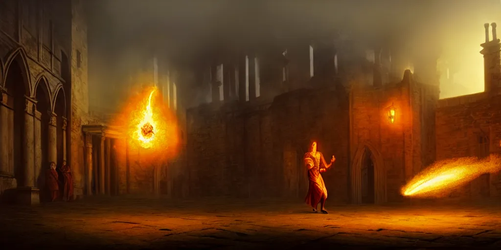 Prompt: A view of a mage casting fireball in Elizabethan era town, foggy, ruins, hyperdetailed, concept art, cinematographic, wide angle camera, unreal engine