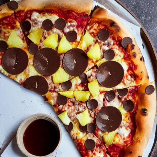 Image similar to pizza with cigarette buts and ash, raw chicken fillets, pineapple slices, with chocolate sauce and sprinkled with confetti