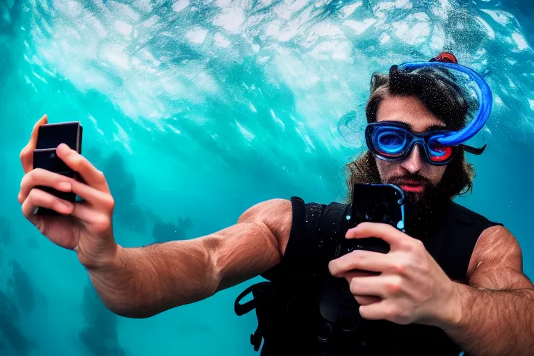 Image similar to high quality 4 k resolution go pro photo of storm god poseidon taking a selfie of himself with a go pro oil painting, hyperrealistic, underwater look king confused holding his trident