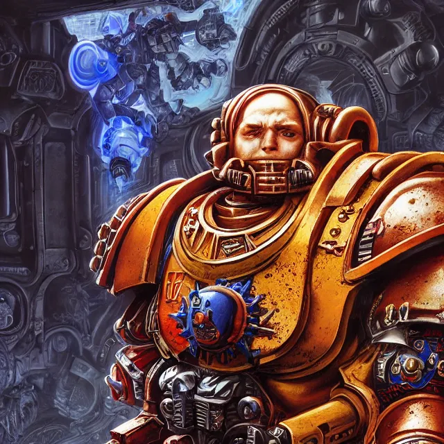 Image similar to a portrait of a space marine from warhammer 4 0 k, an ultrafine hyperdetailed illustration by kim jung gi, irakli nadar, intricate linework, bright colors, octopath traveler, final fantasy, unreal engine 5 highly rendered, global illumination, radiant light, detailed and intricate environment