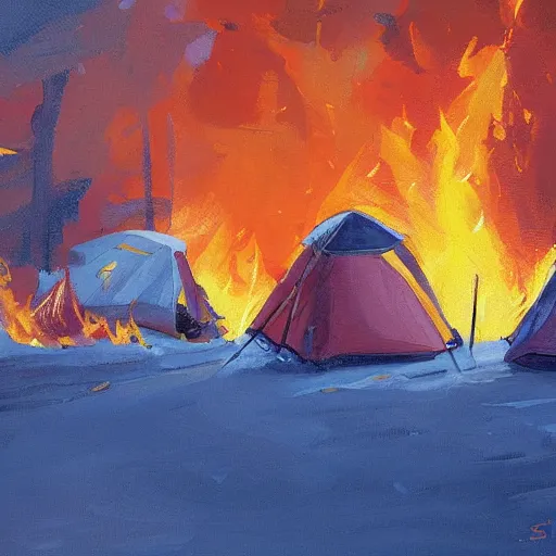 Image similar to a camp with tents on fire, burning down, shadows of 3 girls watching the camp burn, snow, painted by Sylvain Sarrailh