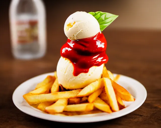 Image similar to dslr food photograph of vanilla ice cream with ketchup on, a leaf of basil on the ice cream, french fries on the side, a bottle of ketchup, bokeh, 8 5 mm f 1. 4