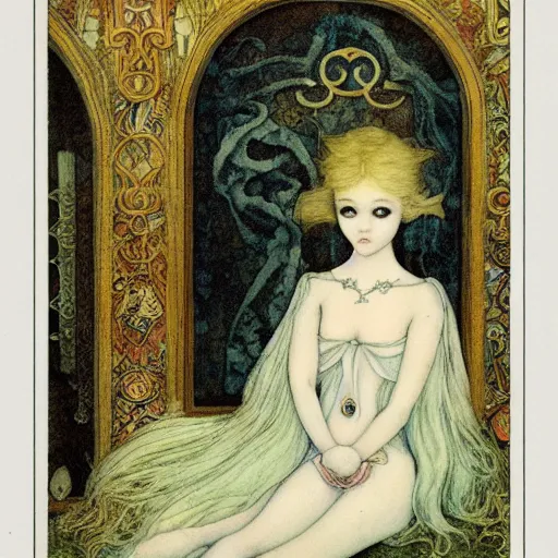 Prompt: portrait of a porcelain doll, illustration by Brian Froud and John Bauer, Art Nouveau composition