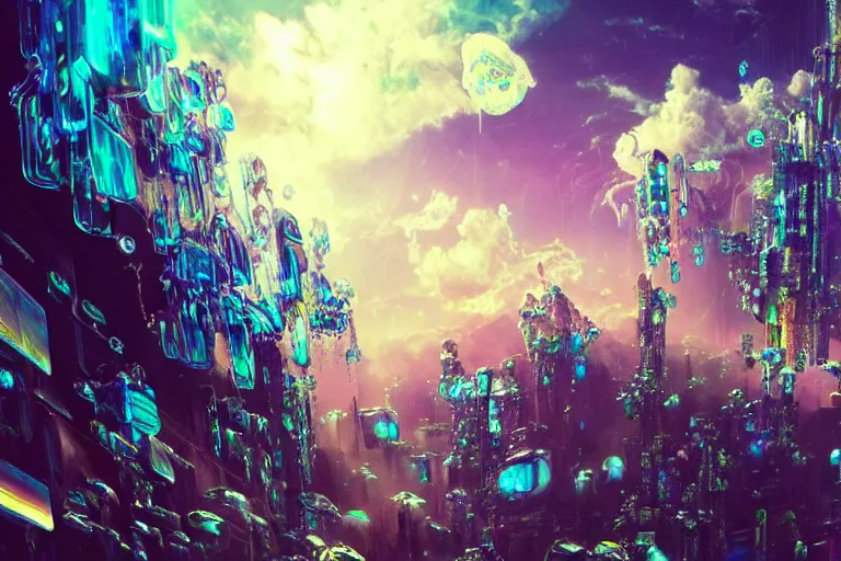 Prompt: simplicity, a huge flock of many ornate iridescent puffy filigreed clouds tangled into large whirling ultra detailed crystal specimens, cyberpunk environment, playful, award winning art, epic dreamlike fantasy landscape, ultra realistic,