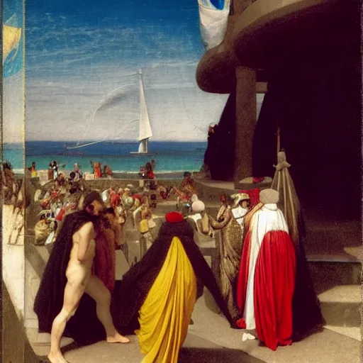 Prompt: A hundred people with jester hat and clothes on a greek circle archi on the front of a Balustrade with a beach and a sail boat on the background, major arcana cards, by paul delaroche and arnold böcklin hyperrealistic 8k, very detailed