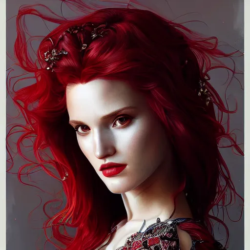 Image similar to ultra realistic illustration, bella thorne as the red queen, intricate, elegant, highly detailed, digital painting, artstation, concept art, smooth, sharp focus, illustration, art by artgerm and greg rutkowski and alphonse mucha