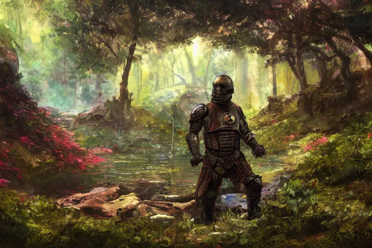 Prompt: an armored man finding a colorful hotspring deep in the forest, oil painting, highly detailed, medieval fantasy, featured on artstation