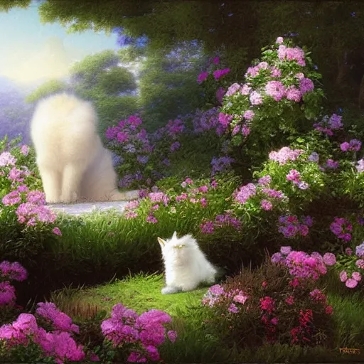 Image similar to large white fluffy cat surrounded by flowers, Thomas Cole, artgem, Tyler Edlin and Jean Delville, wide angle, minimalistic, highly detailed, masterpiece
