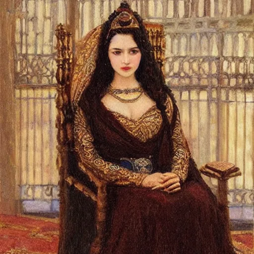 Prompt: a oil painting of a fair skin with dark curly stylised hair queen wearing dress on a throne, medieval arabic, by frederick william elwell, by otomo highly detailed, realistic, concept art, jewels, oriental, desaturated