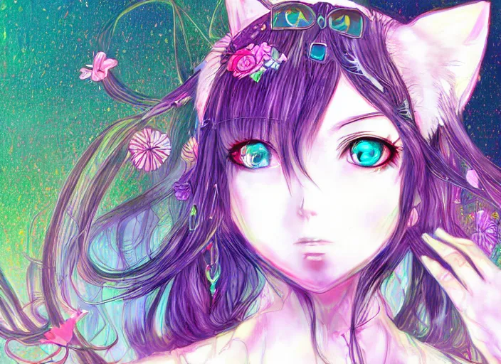 Prompt: girl with cat ears, anime style, hippie, psychedelic, lsd, digital drawing, trending on artstation, by yoshitaka amano