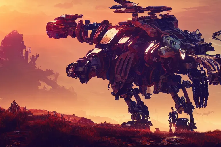 Image similar to scrapper machine mecanical creature robot of horizon forbidden west horizon zero dawn radiating a glowing aura global illumination ray tracing hdr fanart arstation by ian pesty and alena aenami artworks in 4 k