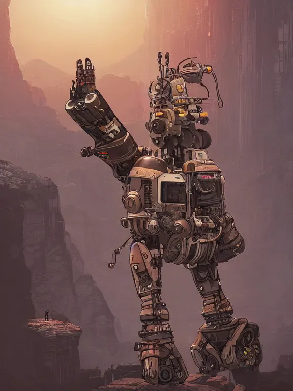 Prompt: solarpunk digital illustration pathfinder robot from apex legends, portrait by james gurney and laurie greasley, concept art, cinematic composition, hyper realism, photorealistic, dramatic lighting, highly detailed, vintage sci - fi