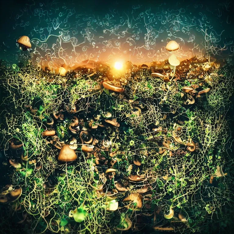 Image similar to double exposure of dally life, symbols of live, explosion, different sprouts and microgreens on mushrooms, cyber mushroom city, mushroom matrix, love is the most relevant theme, 8 k resolution, artistic mode, artistic, trending on instagram, long exposure, love art, serious, fantasy and dreams vibes, mushrooms style and macro style, spring vibes in twilight or sunset lights