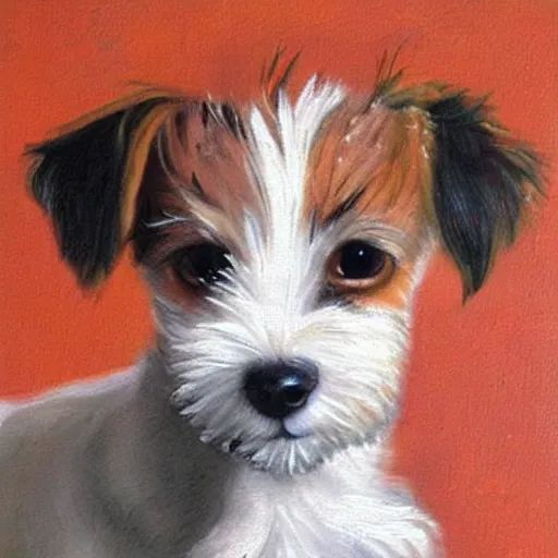 Prompt: a high quality painting of a very cute scruffy wire haired jack russell terrier puppy, white with chocolate brown spots, brown patches over both eyes. friendly, curious expression. painting by rembrandt