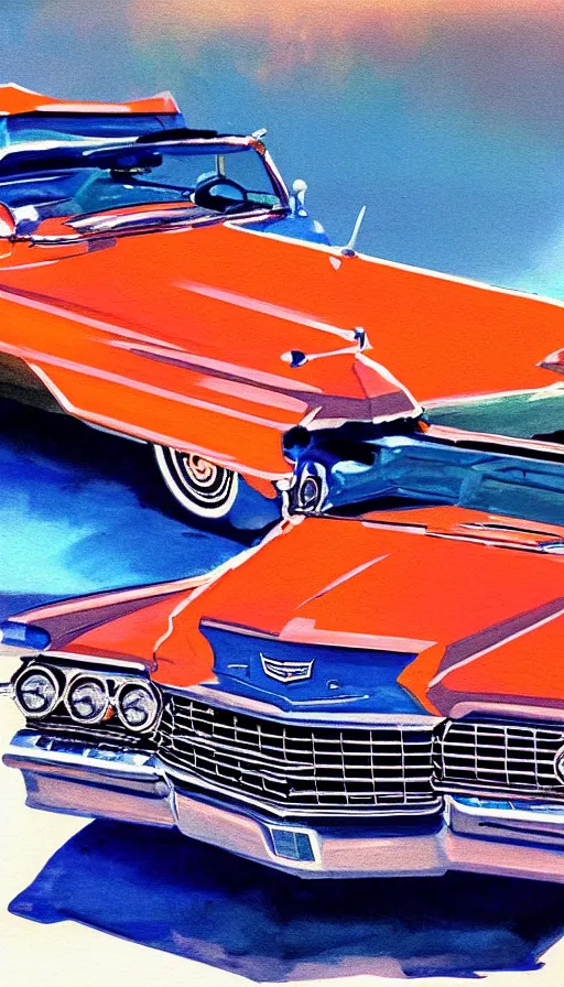 Image similar to far away, top down shot, 1 9 6 3 cadillac convertible driving down empty highway into a bright orange sunrise, water painting, high detail