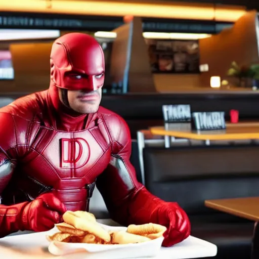 Prompt: daredevil eating in mcdonalds, marvel