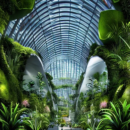 Prompt: stunning indoor jungle inside epic high technology biodome designed by zaha hadid, ultra detailed, highest quality, trending on artstation, award - winning design, 8 k