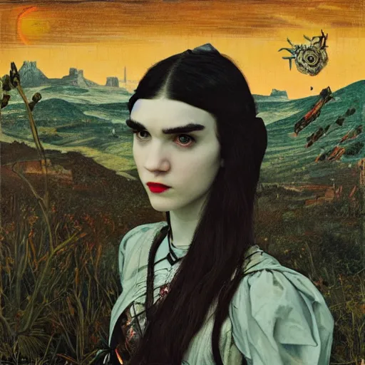 Image similar to album cover of Grimes as an evil robot cyborg character in a romantic pre-raphaelite style by dante