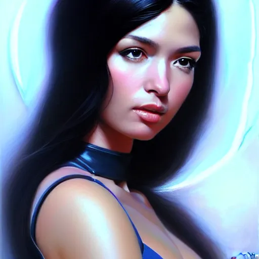 Image similar to a portrait of a very beautiful woman in a spacesuit, Alexandria\'s genesis, shoulder-length black hair, bored, illustration, soft lighting, soft details, painting oil on canvas by mark arian by artgerm, trending on artstation, 4k, 8k, HD